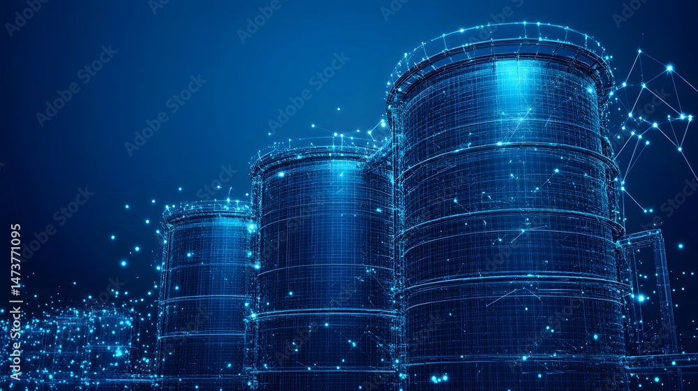 Aufkleber A futuristic view of industrial storage. Blue wireframe tanks glow against a dark blue backdrop, showcasing interconnectedness and network technology. Abstract wireframe in dark blue.