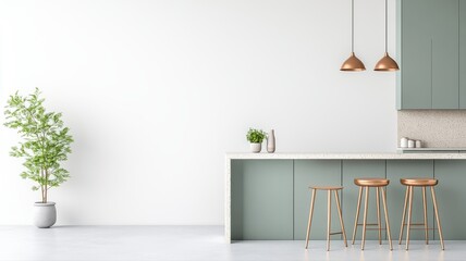 Modern Kitchen Interior with Sage Green Cabinets, White Counter, and Copper Bar Stools interior room