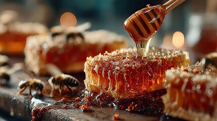 Golden honey drips slowly from a honeycomb, its sweet aroma filling the air, a natural delicacy crafted by the tireless work of bees