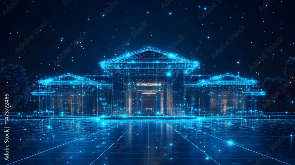 Poster Digital building concept art showcases classical architecture in a virtual realm. Glowing blue lines define the structure against a dark backdrop. Abstract wireframe in dark blue.