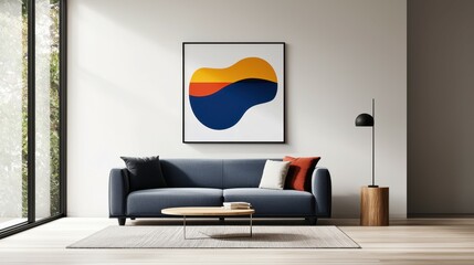 Modern living room with a dark blue sofa and vibrant abstract art.