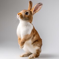 A rabbit standing on its hind legs looking upwards