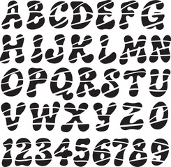 Obraz premium Hippy 60s Retro Wobbly typography font lettering ABC cartoon vector text