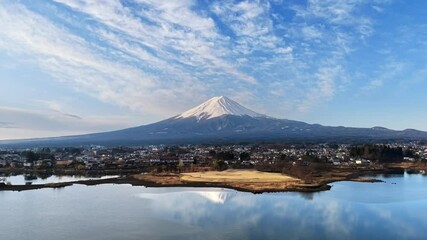 Aerial drone view of Lake Kawaguchiko near the Fujikawaguchiko town, Japan with Mount Fuji on the background in the evening