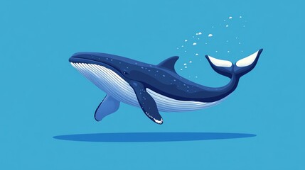 Obraz premium A whale surfaces with its mouth open and its tail prominently displayed. It’s a dynamic image of the marine mammal breaching the water.