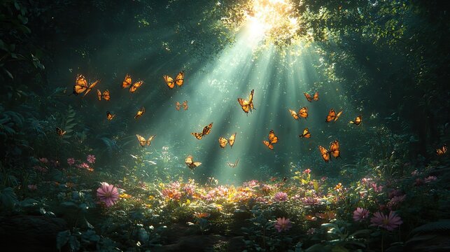 Golden rays pierce through a dense canopy of jade leaves, illuminating a hidden clearing where sapphire butterflies flutter among violet wildflowers The air hums softly