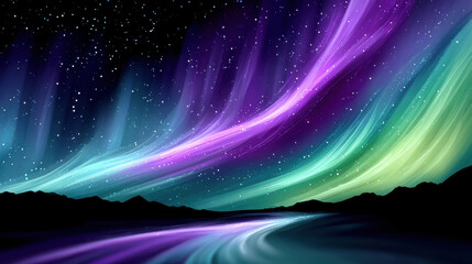 Fototapeta premium Northern lights with flowing ribbons of purple, green, and blue colors illuminate starry night sky above dark mountain silhouettes and reflective water surface, creating magical atmosphere