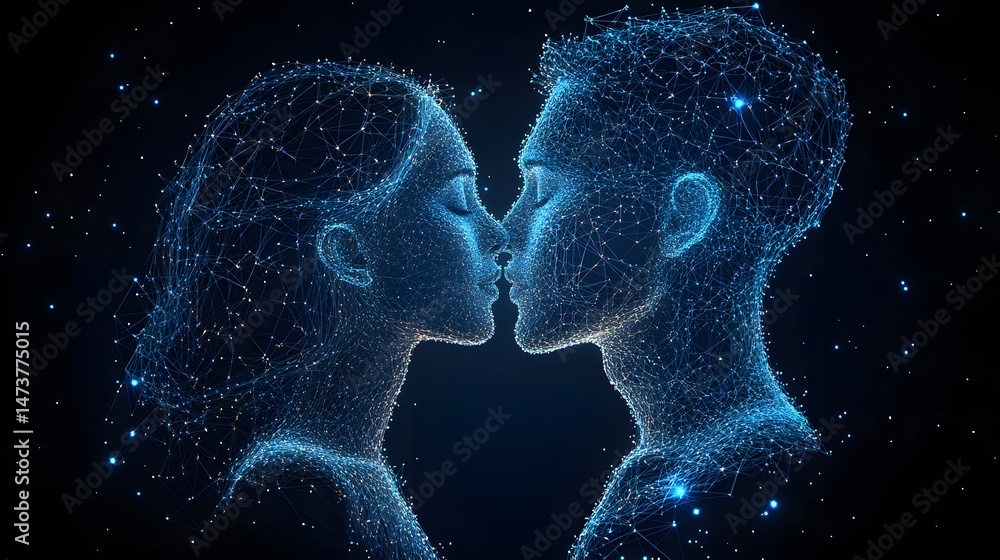 Poster futuristic romance is depicted through glowing blue lines forming a couple's kiss. digital connectio