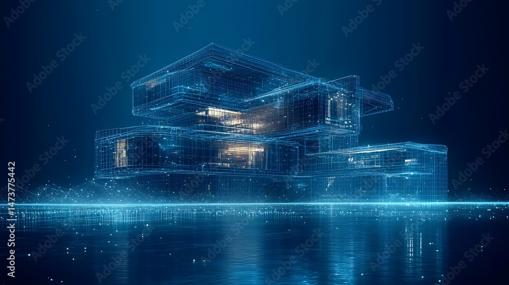 Aufkleber Futuristic multi-tiered architecture. A luminous blue wireframe building reflects on shimmering water against a dark backdrop. Modern design and sleek construction. Abstract wireframe in dark blue.