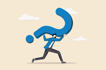 Hard question with no answer or solution, critical business problem, doubtful or stress burden concept, frustrated tried businessman carrying heavy big question mark sign burden.