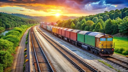 Fototapeta premium Freight train journeying through lush green landscape under a dramatic sunset sky