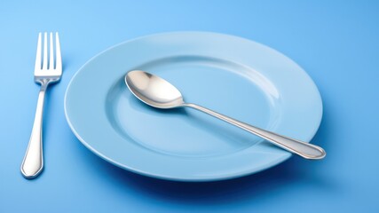 Simple elegant place setting with a light blue plate, a spoon and a fork