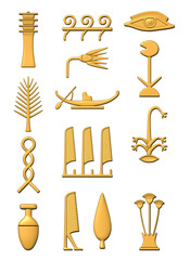 A set of golden hieroglyphic symbols, representing aspects of ancient Egyptian life and culture. 3D illustration