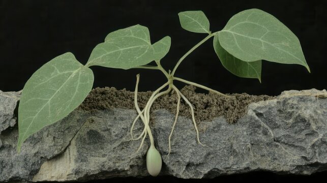 Young plant sprouting from seed on rock