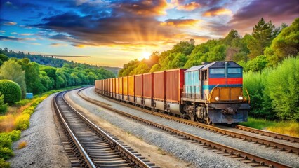 Obraz premium Scenic view of a freight train transporting cargo containers through a lush landscape