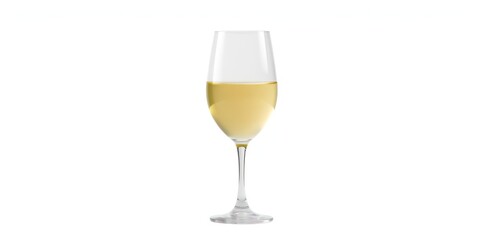 A single elegant champagne flute partially filled with a pale yellow beverage on a white background