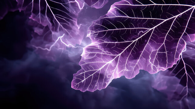 Electric purple leaf veins glow brightly like lightning strikes across dark abstract background, creating surreal and vibrant natural pattern full of energy and contrast