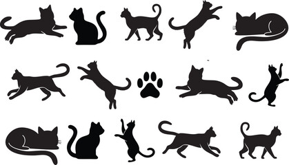 Set black silhouette vector illustration of playful cats and paw prints on a white background. Perfect for pet-themed designs, fabric prints, packaging, and minimalist artwork.