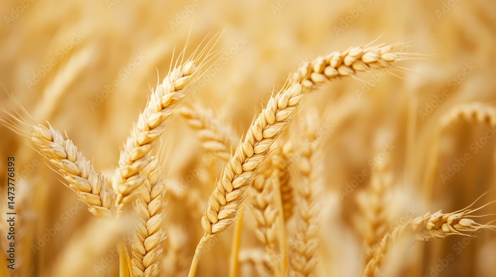 Poster a close-up photograph showcases a dense wheat field, capturing the texture and color of the ripe sta