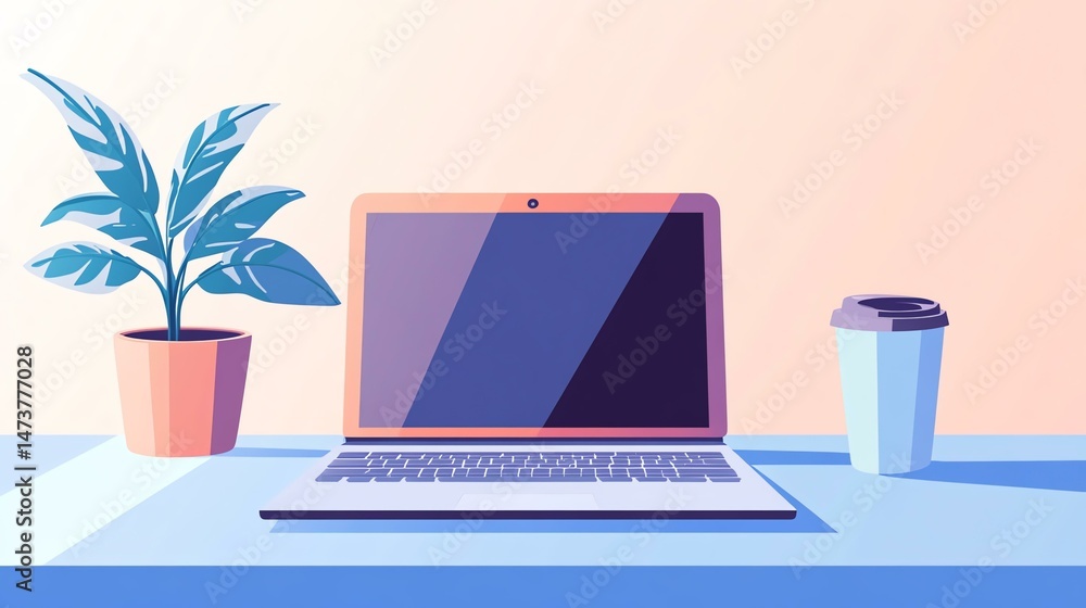 Poster a laptop sits on a desk with a cup beside it. the scene suggests a workspace with a computer and a d