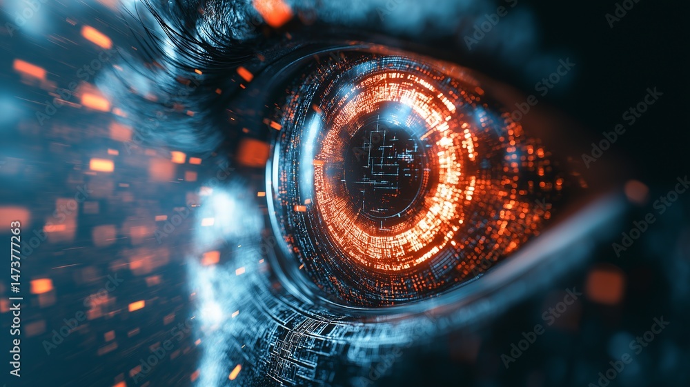Poster close-up of a high-tech eye with glowing circuits, showcasing innovation and creativity.