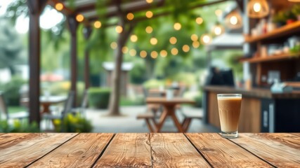 A refreshing iced coffee sits on a rustic wooden table, overlooking a charming outdoor cafe with string lights and lush greenery.