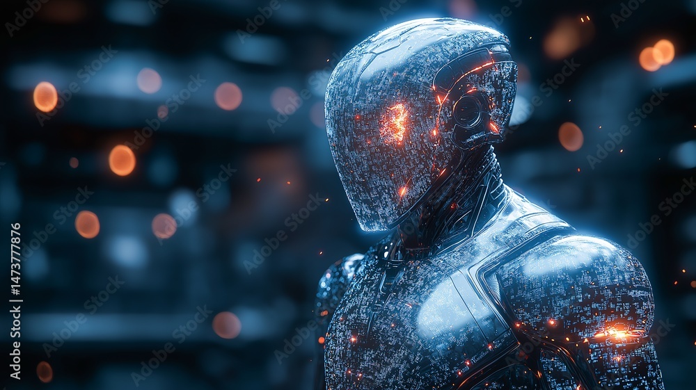 Poster a humanoid robot with detailed circuitry glows in a dimly lit room.