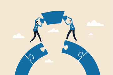Business teamwork and partnership help to achieve team success, think together to solve business problem, business connection concept, businessmen working team building connect jigsaw puzzle bridge.