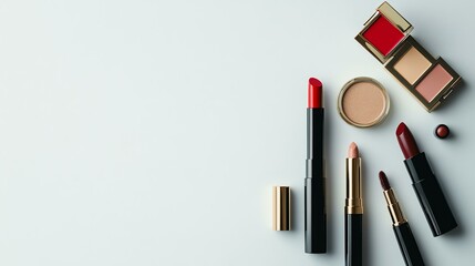 A white background displays a variety of makeup products. The photo showcases a selection of different cosmetics.