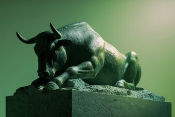 Dark green bronze bull statue on a stone pedestal.