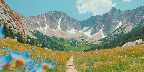Vibrant Wildflower Meadow Path Through Majestic Mountains