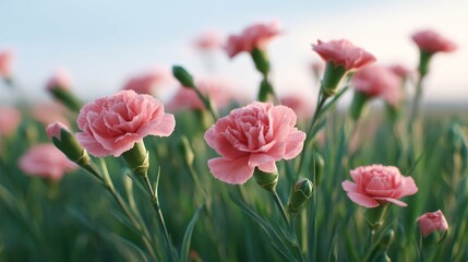 Fototapeta premium Pink carnations blooming in a sunlit garden during early spring create a vibrant natural display in full bloom