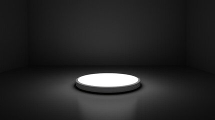 A white light shines in a dark room.