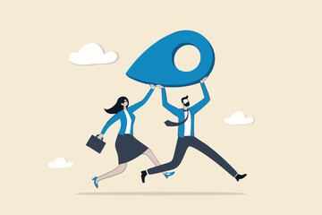 Business relocation moving office to new location address concept, happy businessman and businesswoman people carry address pin or map mark running to new destination.