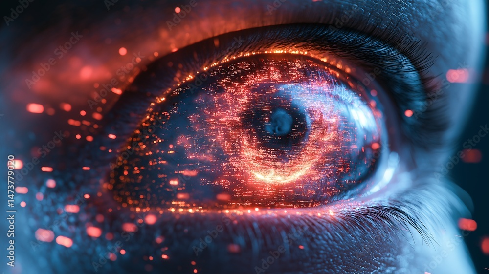 Poster Bright digital effects swirl within a close-up of an eye, creating an immersive visual experience.