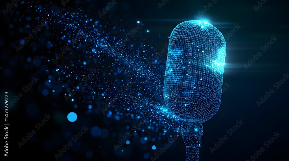 Poster Futuristic microphone rendered as a glowing blue wireframe, with sparkling particles emanating from it. A classic design meets modern technology. Abstract wireframe in dark blue.