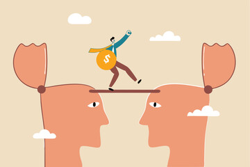 Knowledge transfer or idea sharing between employee or teamwork, skill training or work transition concept, businessman holding idea light bulb walking on the bridge from human head brain to other.