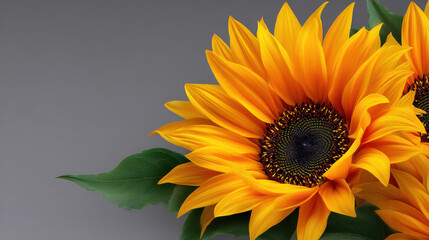 Bright golden sunflowers with vibrant yellow petals and dark centers are beautifully arranged against a soft gray background, creating a striking floral composition.
