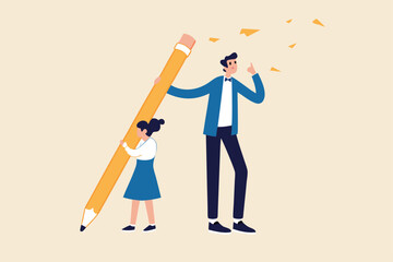 Coworker or boss takes credit of your work, dishonesty, stealing idea or plagiarism concept, young pity woman working hard holding big pencil with bigger businessman liar get reward from her work.