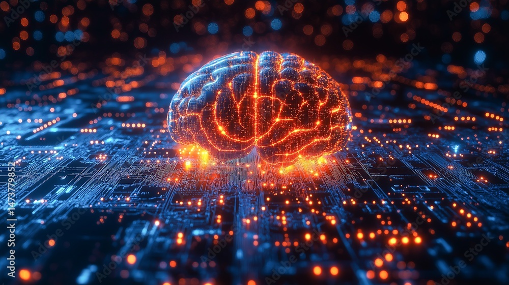 Poster a glowing brain shines amid circuits, merging technology and intelligence.