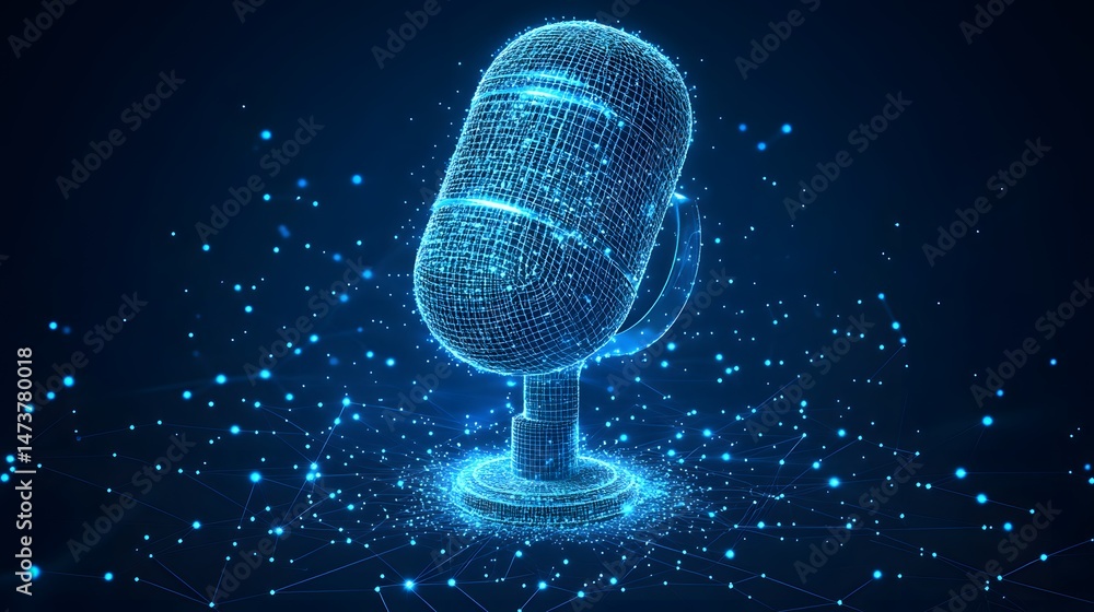 Aufkleber high-tech microphone illustration rendered in a vibrant wireframe style. glowing blue lines define i