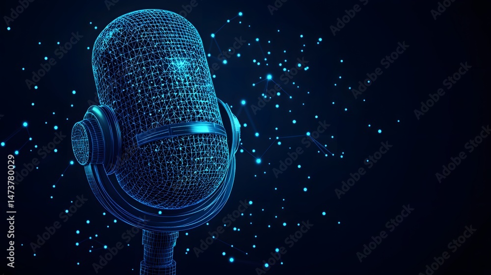 Poster vintage microphone reimagined as a striking blue wireframe model against a dark backdrop. digital co