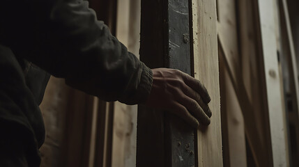 Hand Holding a Wooden Beam During Construction