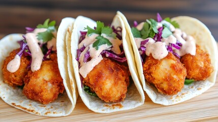 Three crispy fish tacos topped with cabbage, cilantro, and creamy sauce, served on soft tortillas.