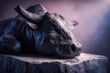 Gray stone sculpture of a resting bovine figure.