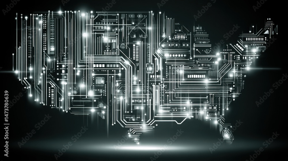 Poster circuit board integrated with map of the united states demonstrating automated business logic and pr