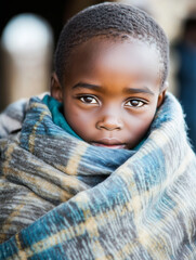 African boy wrapped in warm blanket