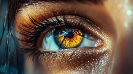 Close-up shot of a captivating eye with striking gold and blue coloration.