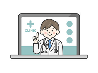 パソコンでオンライン診療する、聴診器をつけた、男性医師（線画カラー）のイラスト