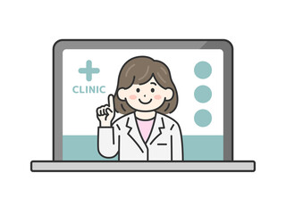 パソコンでオンライン診療する、女性医師（線画カラー）のイラスト
